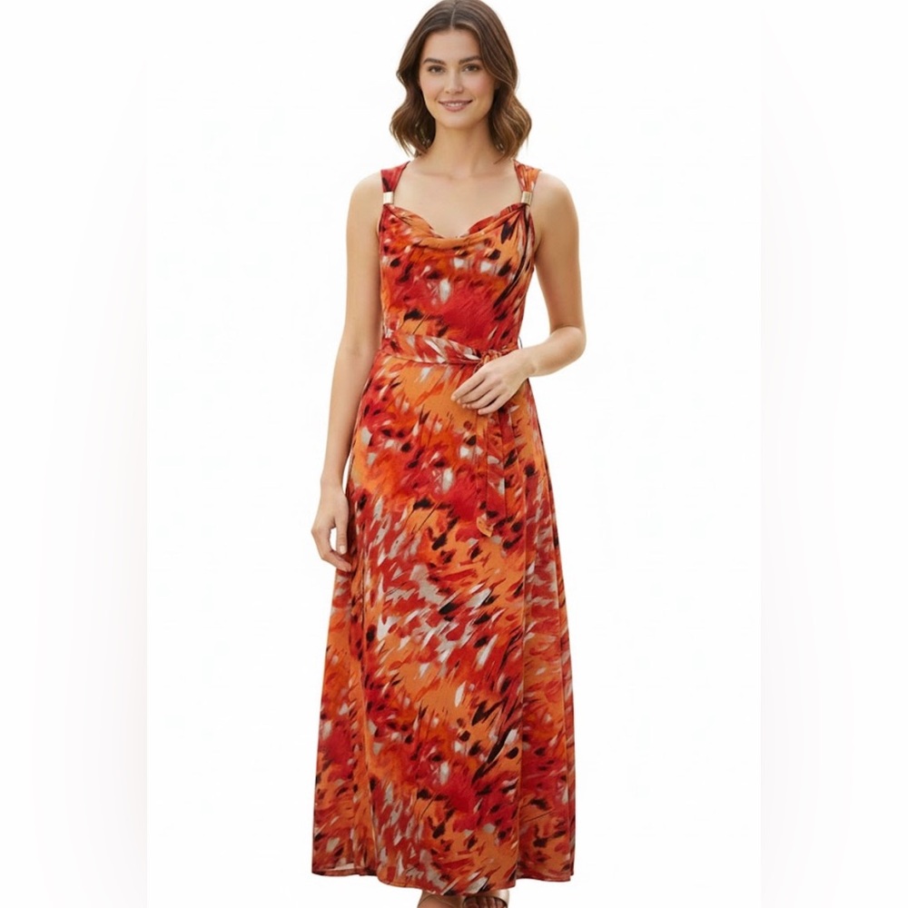 Calvin Klein Orange Red Floral Print Maxi Dress